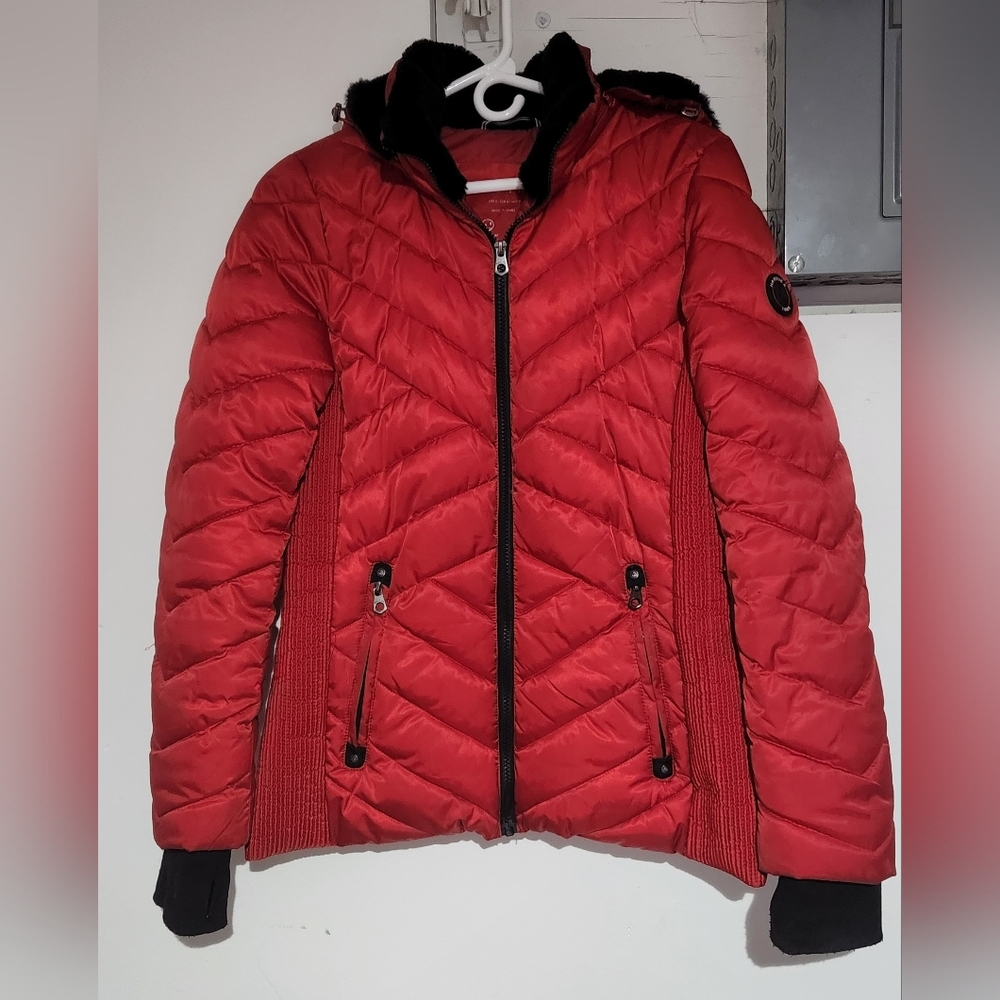 Red puffer coat